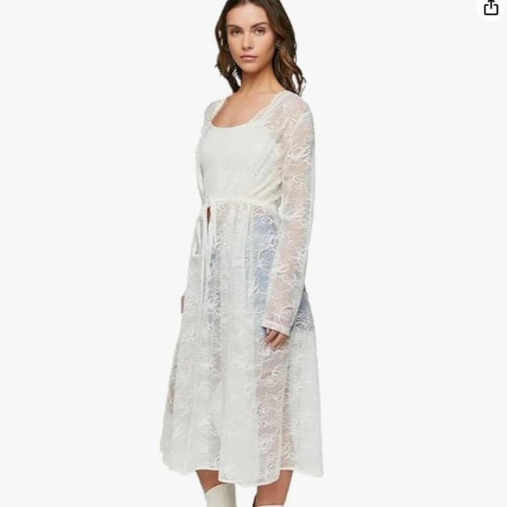 Forever 21 Ivory White Lace Robe Cover-Up, Size Medium, Sheer Midi Drawstring